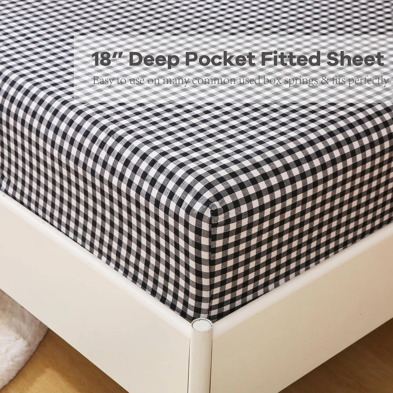 Black White Plaid Ruffle Gingham Sheets Full Size 4-Piece Set, 300TC 100% Yarn Dyed Cotton 18 in Deep Pocket Preppy Sheets Decorative Bedding (Black/White Plaid, Full)