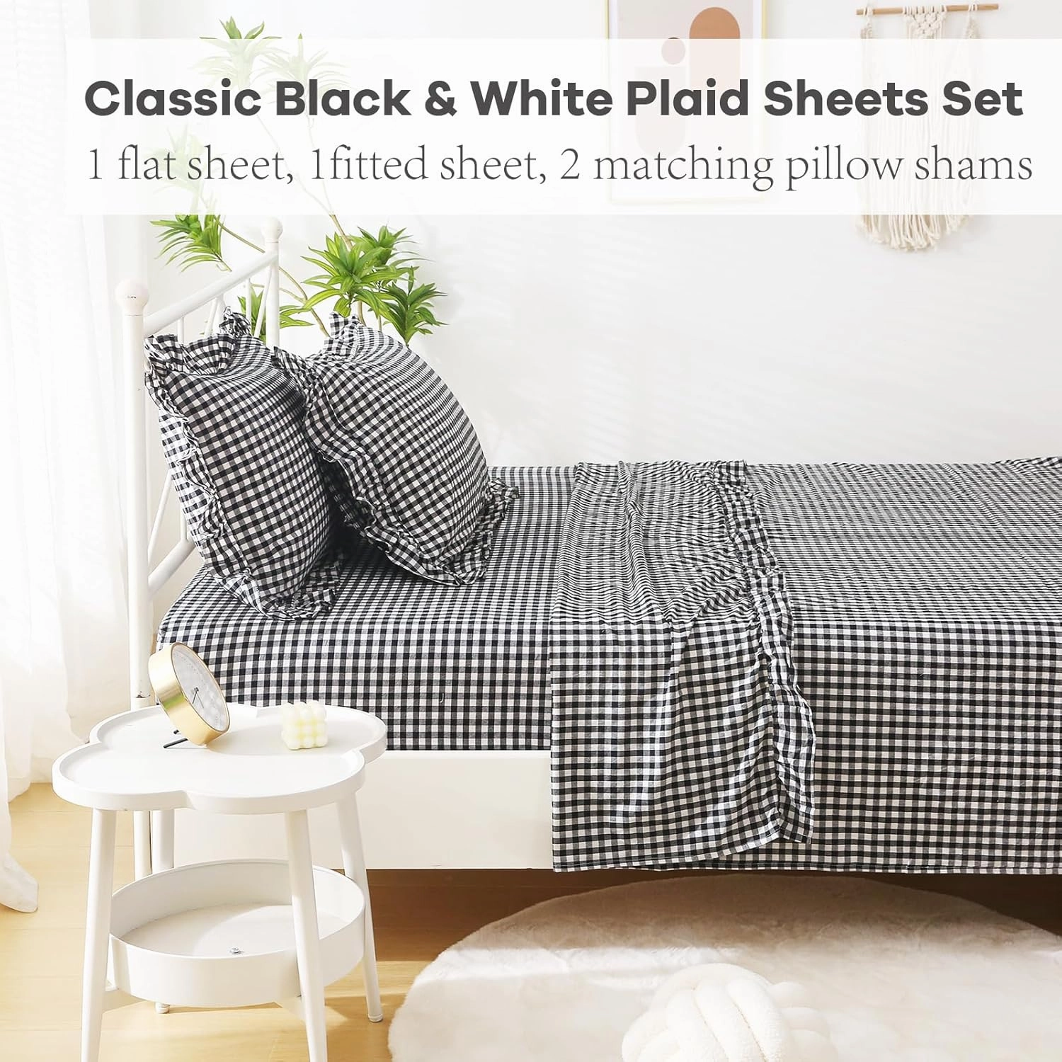 Black White Plaid Ruffle Gingham Sheets Full Size 4-Piece Set, 300TC 100% Yarn Dyed Cotton 18 in Deep Pocket Preppy Sheets Decorative Bedding (Black/White Plaid, Full)