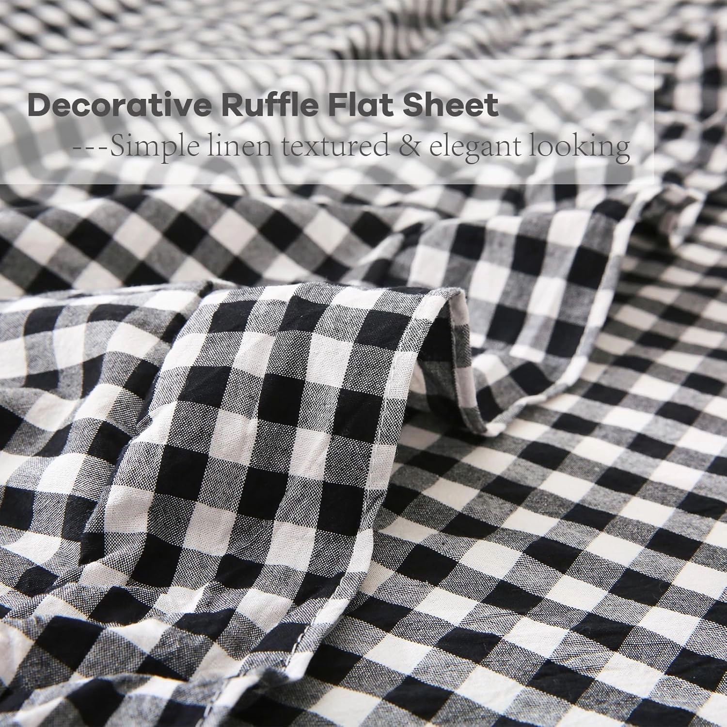 Black White Plaid Ruffle Gingham Sheets Full Size 4-Piece Set, 300TC 100% Yarn Dyed Cotton 18 in Deep Pocket Preppy Sheets Decorative Bedding (Black/White Plaid, Full)