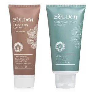 BOLDEN Clear Skin Clay Mask & Skin Clarifying Cleanser Bundle – Deep Pore Cleansing & Breakout Prevention – With Sulfur, pH-Balanced Formula & Oil Control – For Sensitive, Oily & Blemish-Prone Skin –