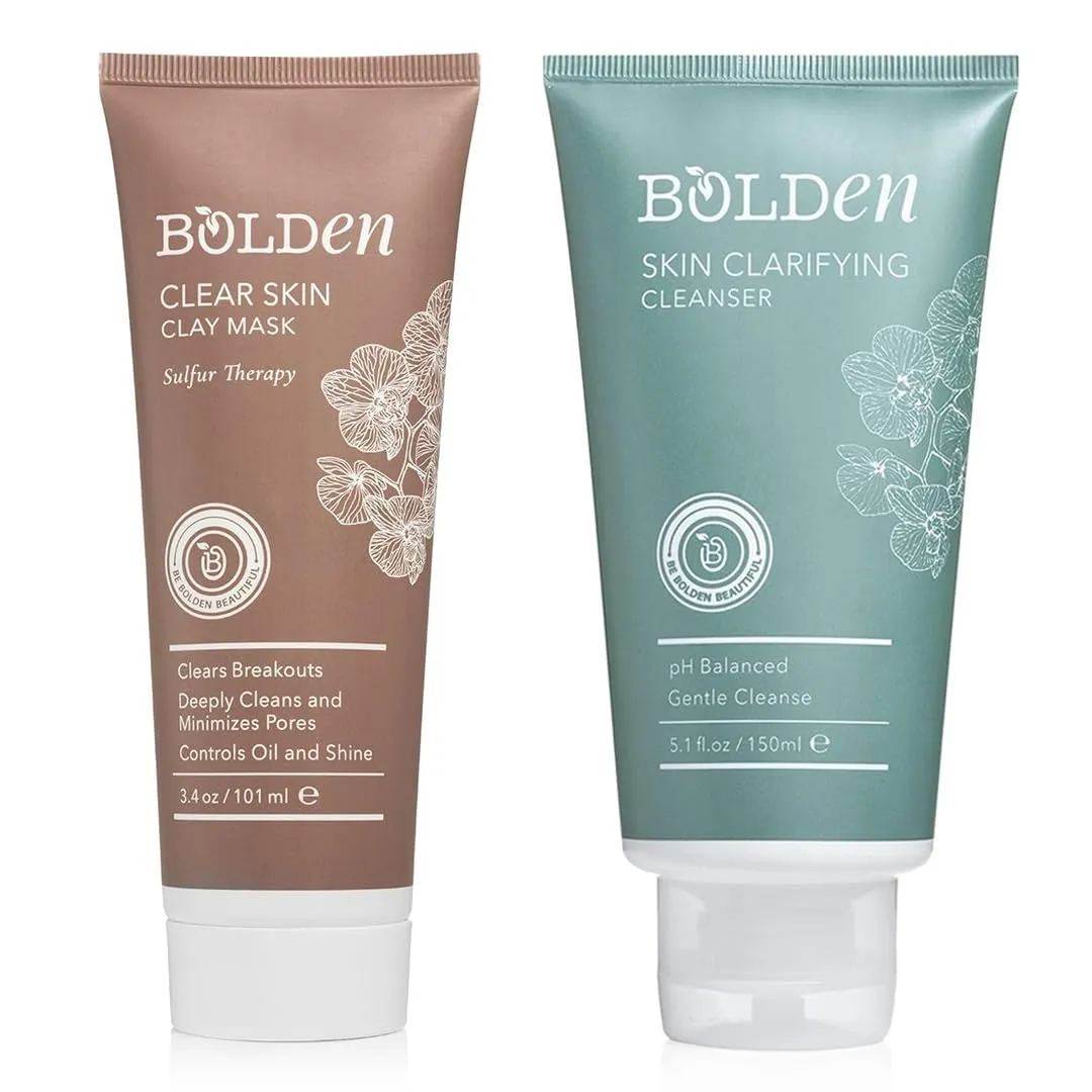 BOLDEN Clear Skin Clay Mask & Skin Clarifying Cleanser Bundle – Deep Pore Cleansing & Breakout Prevention – With Sulfur, pH-Balanced Formula & Oil Control – For Sensitive, Oily & Blemish-Prone Skin –