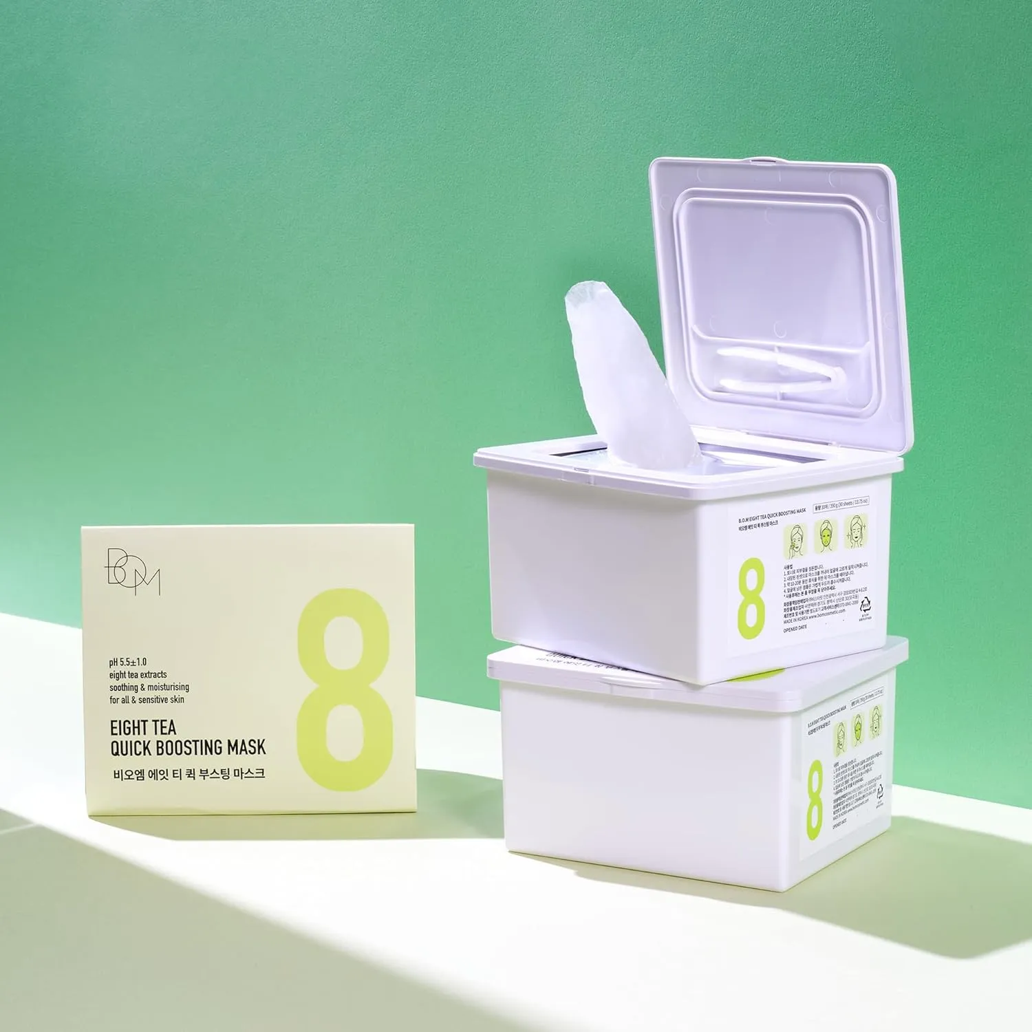 bom COSMETICS Eight Tea Quick Boosting Mask 30ea 13.75oz Glass Skin Face Mask for Instant Hydration, Face Masks Bulk, Centella & Madecassoside for Soothing, Self Care for Women, Korean Face Mask