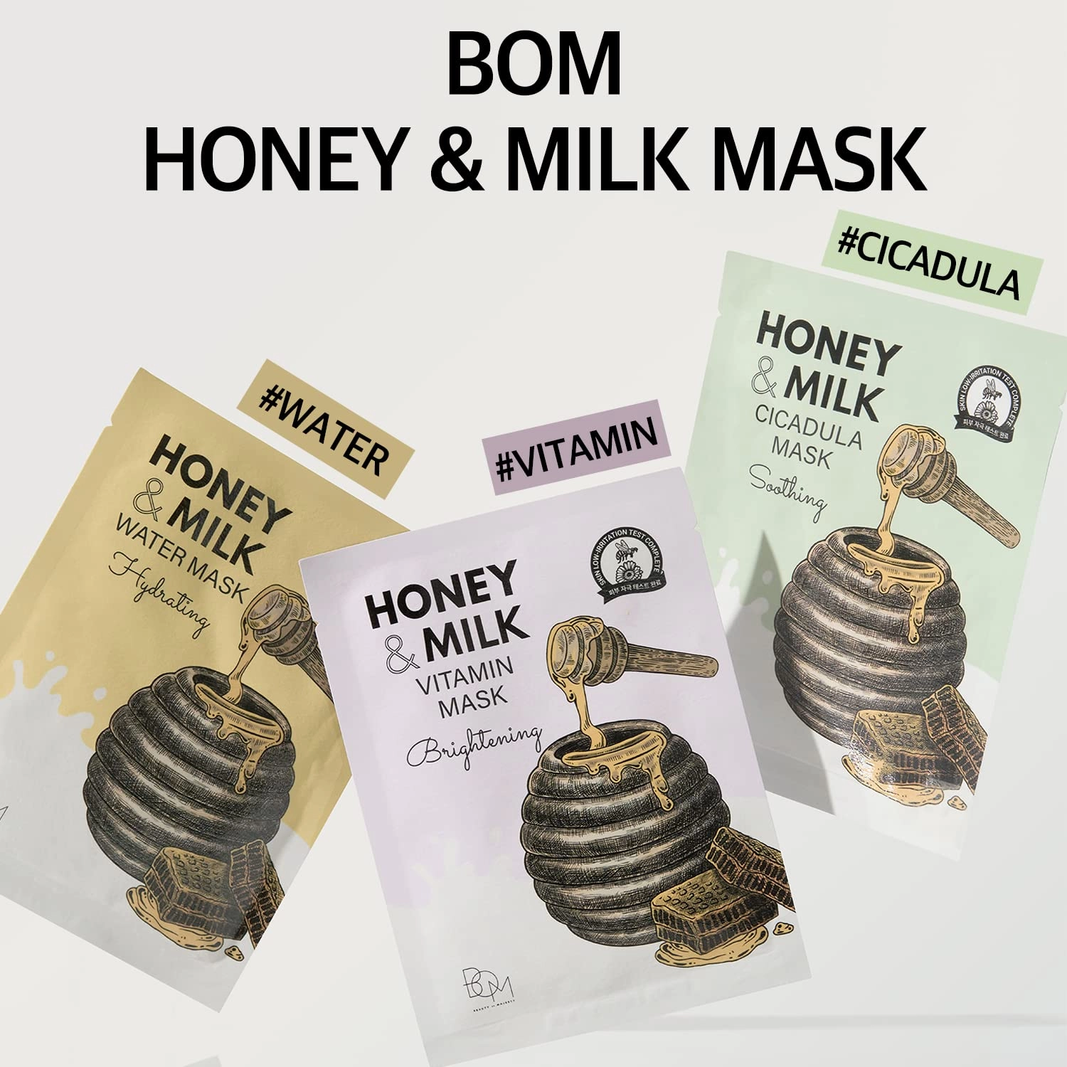 bom Honey Milk Cicadula Face Mask 10 Pack Instant Soothing Hydrating Facial Sheet Masks with Honey and Milk Complex, Cica, Calendula