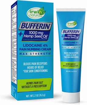 Bufferin Lidocaine 4% Numbing Cream with Hemp Seed Oil - Maximum Over-The-Counter- Strength Pain Relief Cream for Muscle, Inflammation, Hemp Cream for Skin Moisturization, and Fast Relief, 2.7 Oz