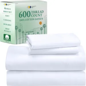 California Design Den Deep Pocket King Sheets Set - Luxury 600 Thread Count Sateen, 100% Cotton Sheets with All Around Elastic for a Snug Fit, Hotel Quality Bedding Set - White