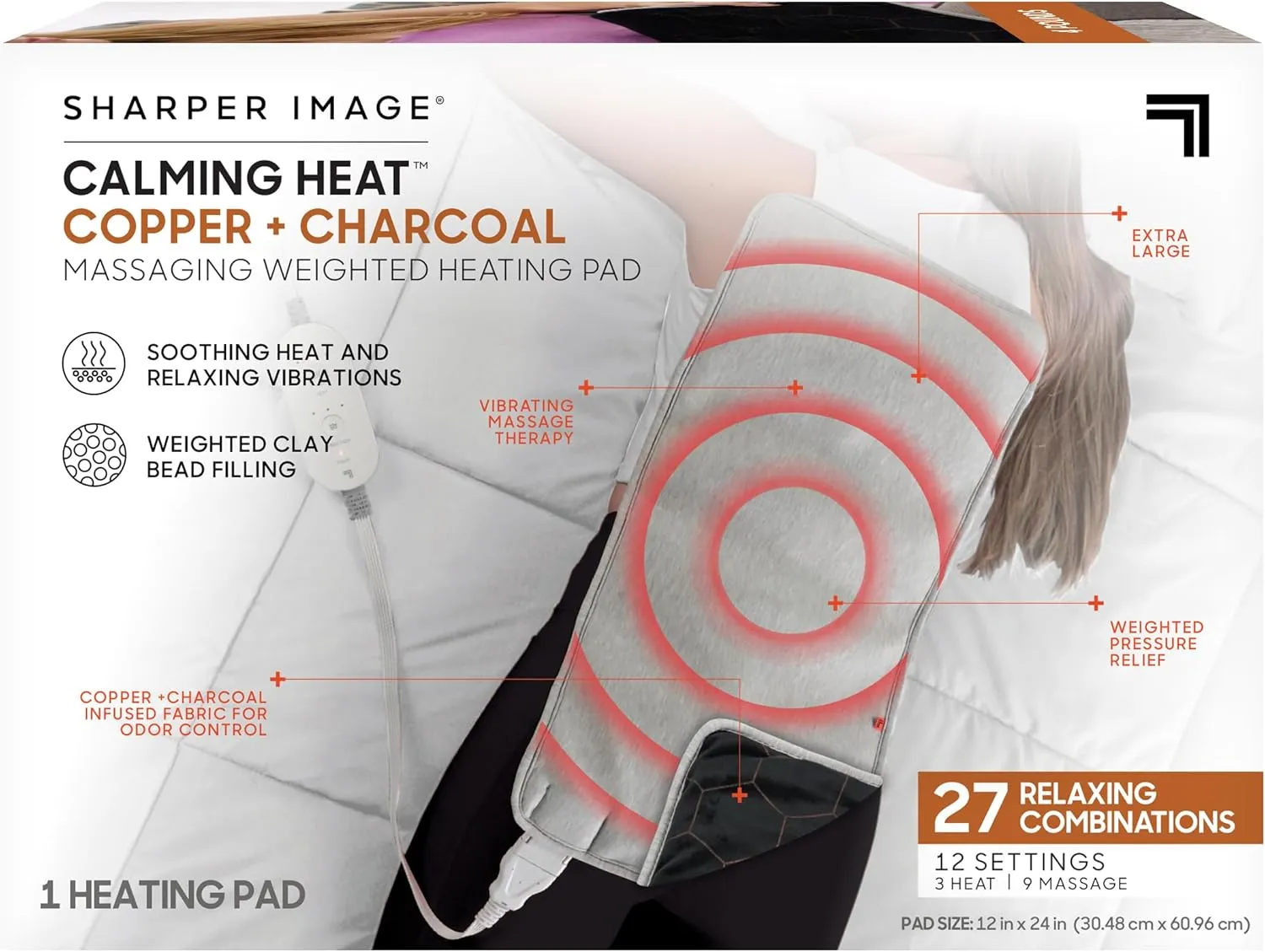 Calming Heat Copper   Charcoal Massaging Heating Pad by Sharper Image- Weighted Electric Heating Pad with Vibrations, Auto Off, 12 Settings- 3 Heat, 9 Massage- 27 Relaxing Combo, 12” x 24", 4 lbs