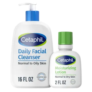 Cetaphil Daily Facial Cleanser Lotion for Combination to Oily, Sensitive Skin, 16 oz   Travel Size Moisturizing Lotion 2 oz