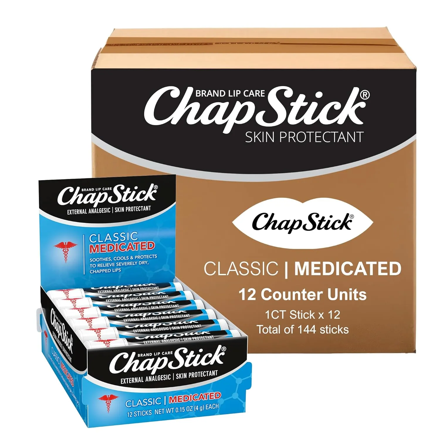 ChapStick Bulk Lip Balm Classic Medicated Tubes, Lip Care Tubes, 0.15 oz, 144 ct case