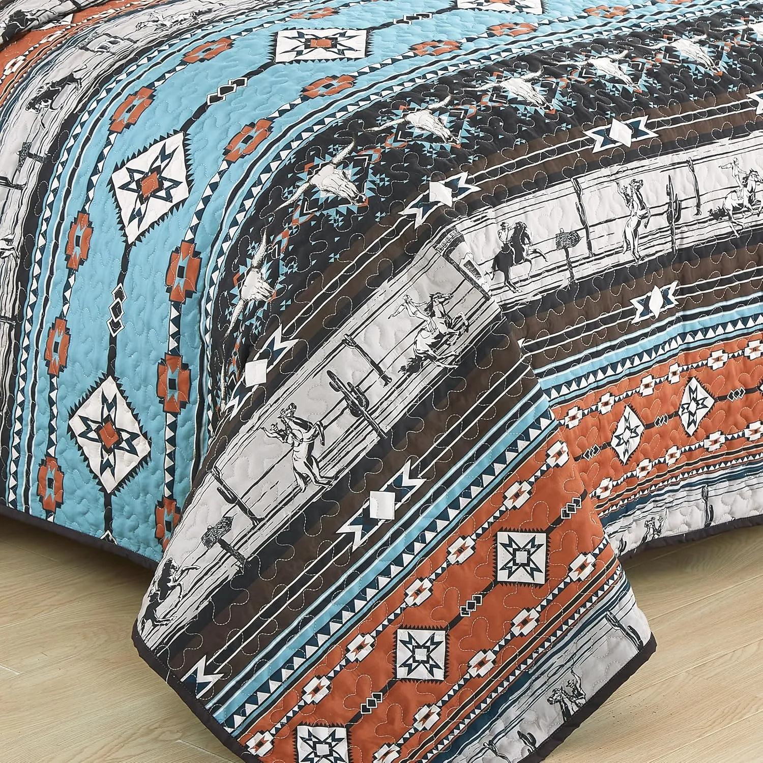 Chezmoi Collection Boone 3-Piece Southwestern Cowboys Rodeo Quilt Set Queen - Multicolor Blue Brown Beige Clay Printed Microfiber Lightweight Bedspread Set for All Season