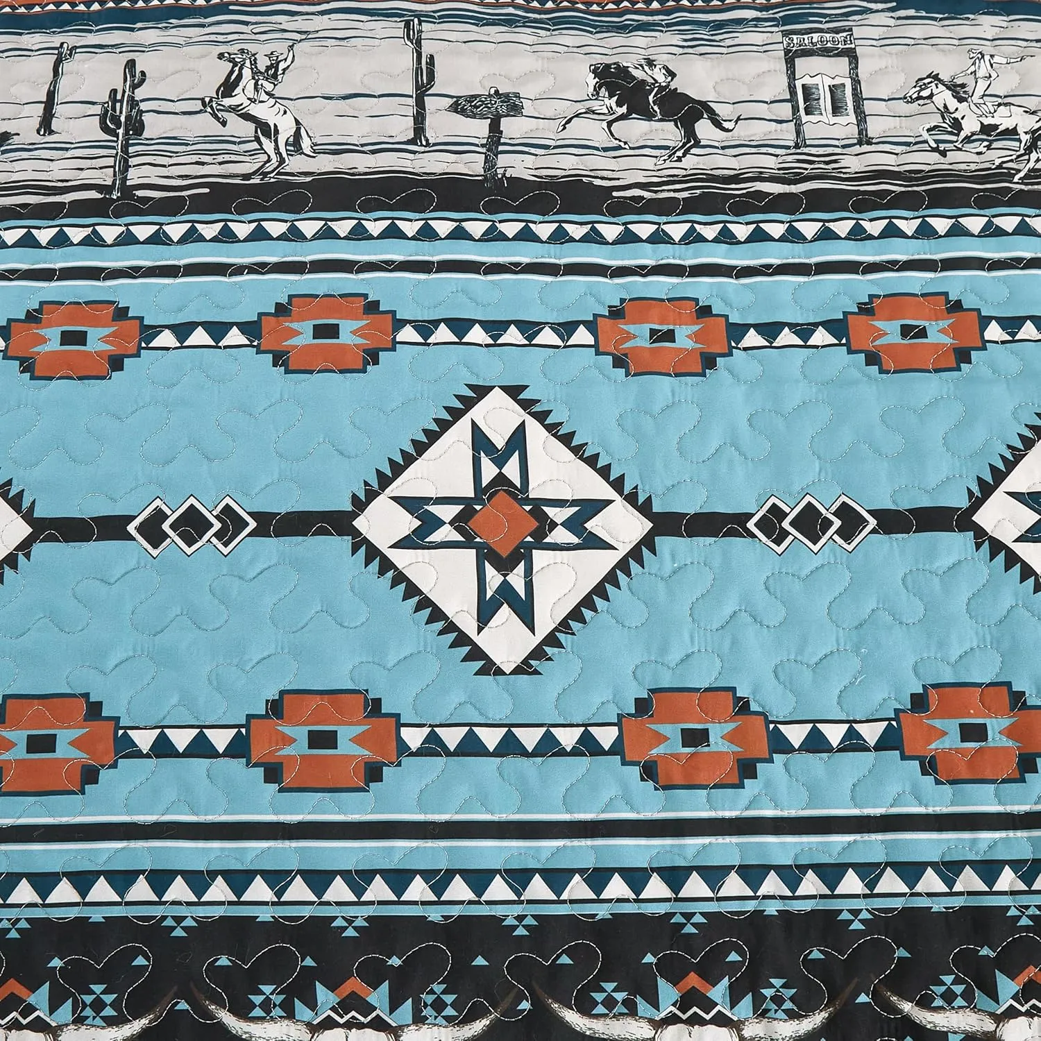 Chezmoi Collection Boone 3-Piece Southwestern Cowboys Rodeo Quilt Set Queen - Multicolor Blue Brown Beige Clay Printed Microfiber Lightweight Bedspread Set for All Season