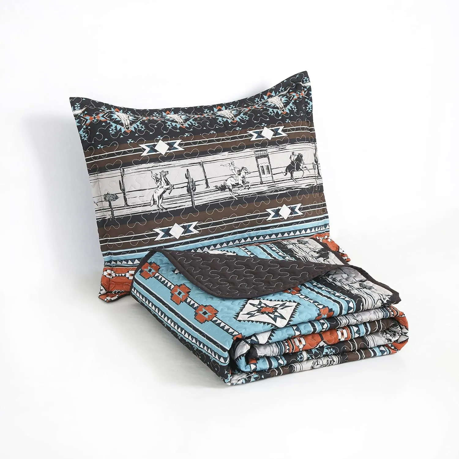 Chezmoi Collection Boone 3-Piece Southwestern Cowboys Rodeo Quilt Set Queen - Multicolor Blue Brown Beige Clay Printed Microfiber Lightweight Bedspread Set for All Season