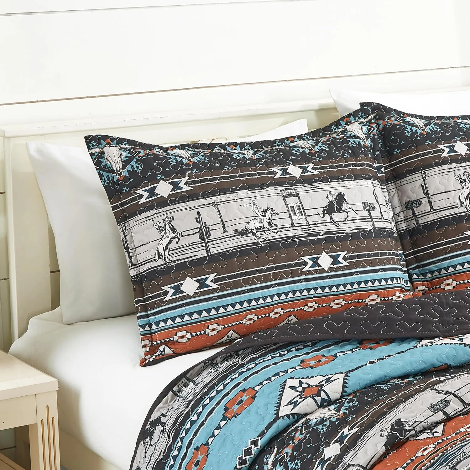 Chezmoi Collection Boone 3-Piece Southwestern Cowboys Rodeo Quilt Set Queen - Multicolor Blue Brown Beige Clay Printed Microfiber Lightweight Bedspread Set for All Season