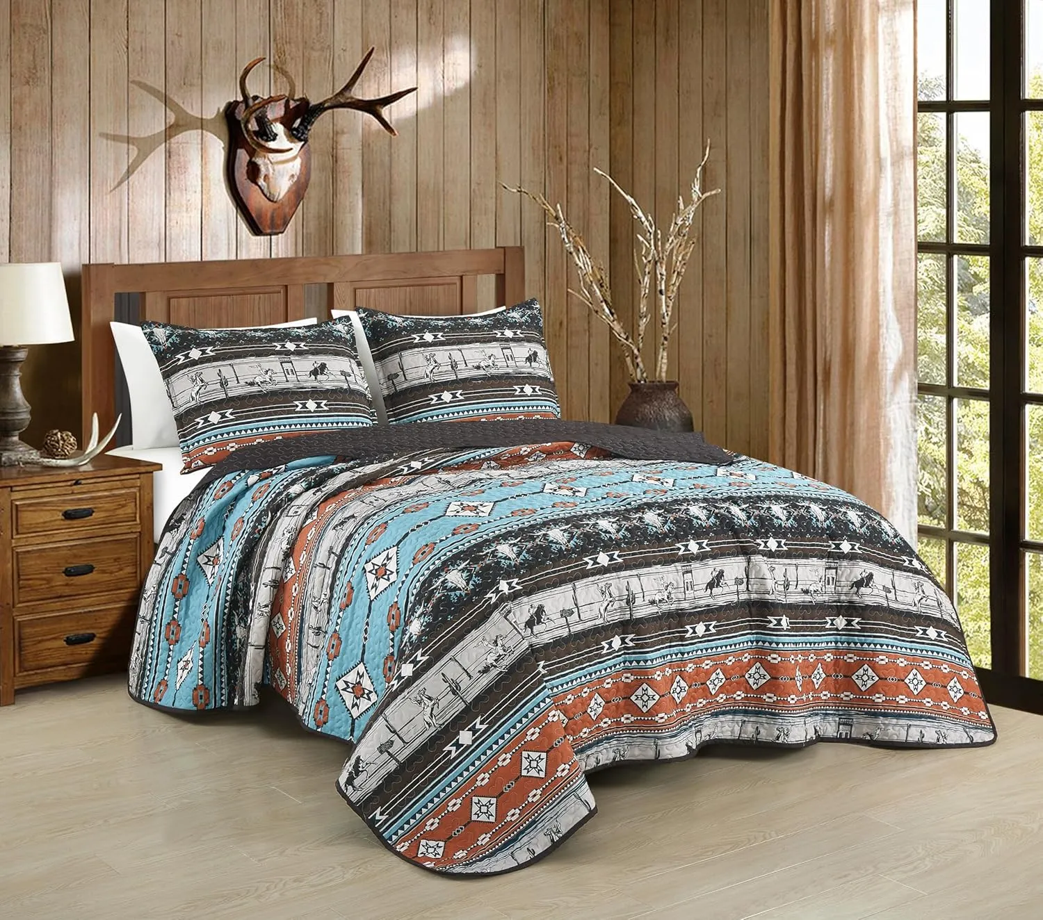 Chezmoi Collection Boone 3-Piece Southwestern Cowboys Rodeo Quilt Set Queen - Multicolor Blue Brown Beige Clay Printed Microfiber Lightweight Bedspread Set for All Season