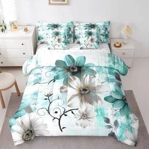Chic Floral Bedding Comforter Sets 7 Pieces for Girls Women Daisy Flower Bed in a Bag, Teal Ombre Queen Bedding Sets Gradient Oil Painting Comforter Set, Vintage Watercolor Bedding Sets & Collections