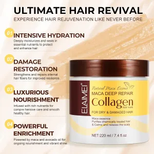 Collagen Hair Treatment Mask, Deep Repair Conditioning Hair Mask with Collagen, Maca, Avocado Oil for All Hair Types, 7.4 FL OZ