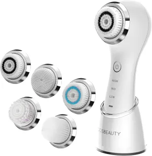 COSBEAUTY Face Scrubber Exfoliator Sonic Facial Cleansing Brush with 5 Interchangeable Brush Head,Face Brush Cleanser for Men IPX7 Waterproof,Wireless Rechargeable for Massaging,Deep Cleansing(White)