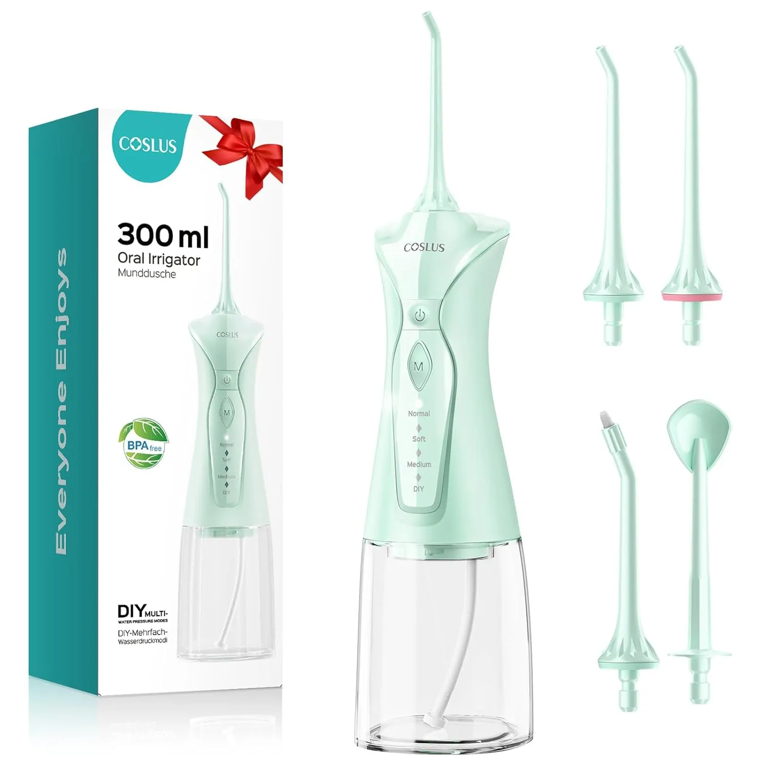 COSLUS Water Dental Flosser Pick for Teeth: 4 Modes Cordless Portable 300ML Larger Tank Water Teeth Cleaner IPX7 Waterproof Flossing Cleaning Picks for Home Travel Green C30(FC5360)
