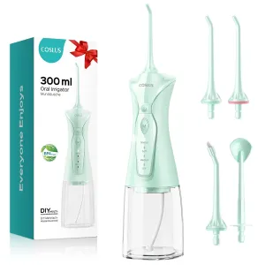 COSLUS Water Dental Flosser Pick for Teeth: 4 Modes Cordless Portable 300ML Larger Tank Water Teeth Cleaner IPX7 Waterproof Flossing Cleaning Picks for Home Travel Green C30(FC5360)