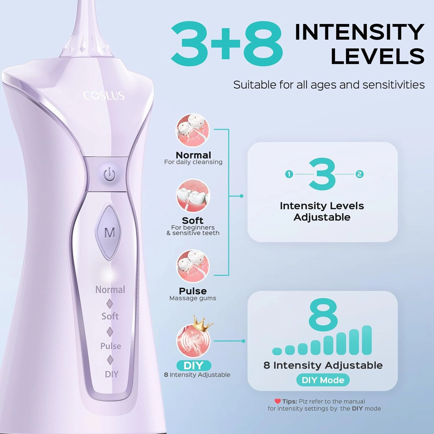 COSLUS Water Dental Flosser Pick for Teeth: 4 Modes Cordless 300ML Larger Tank Portable Water Teeth Cleaner Picks IPX7 Waterproof Flossing Machine for Home Travel Purple C30(FC5360)