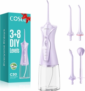 COSLUS Water Dental Flosser Pick for Teeth: 4 Modes Cordless 300ML Larger Tank Portable Water Teeth Cleaner Picks IPX7 Waterproof Flossing Machine for Home Travel Purple C30(FC5360)