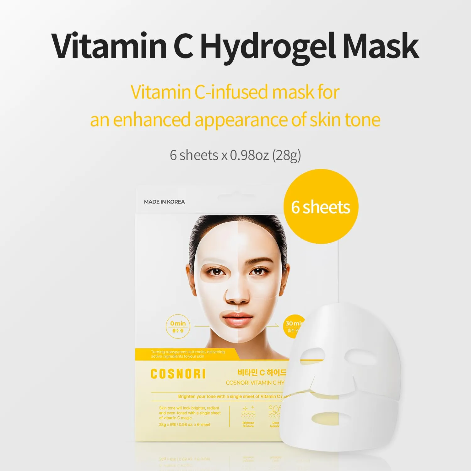 COSNORI Vitamin C Hydrogel Mask - Supports a Brighter-Looking Complexion, Hydrating, Korean Facial Sheet Mask, 0.98 oz (28g) x 6ea