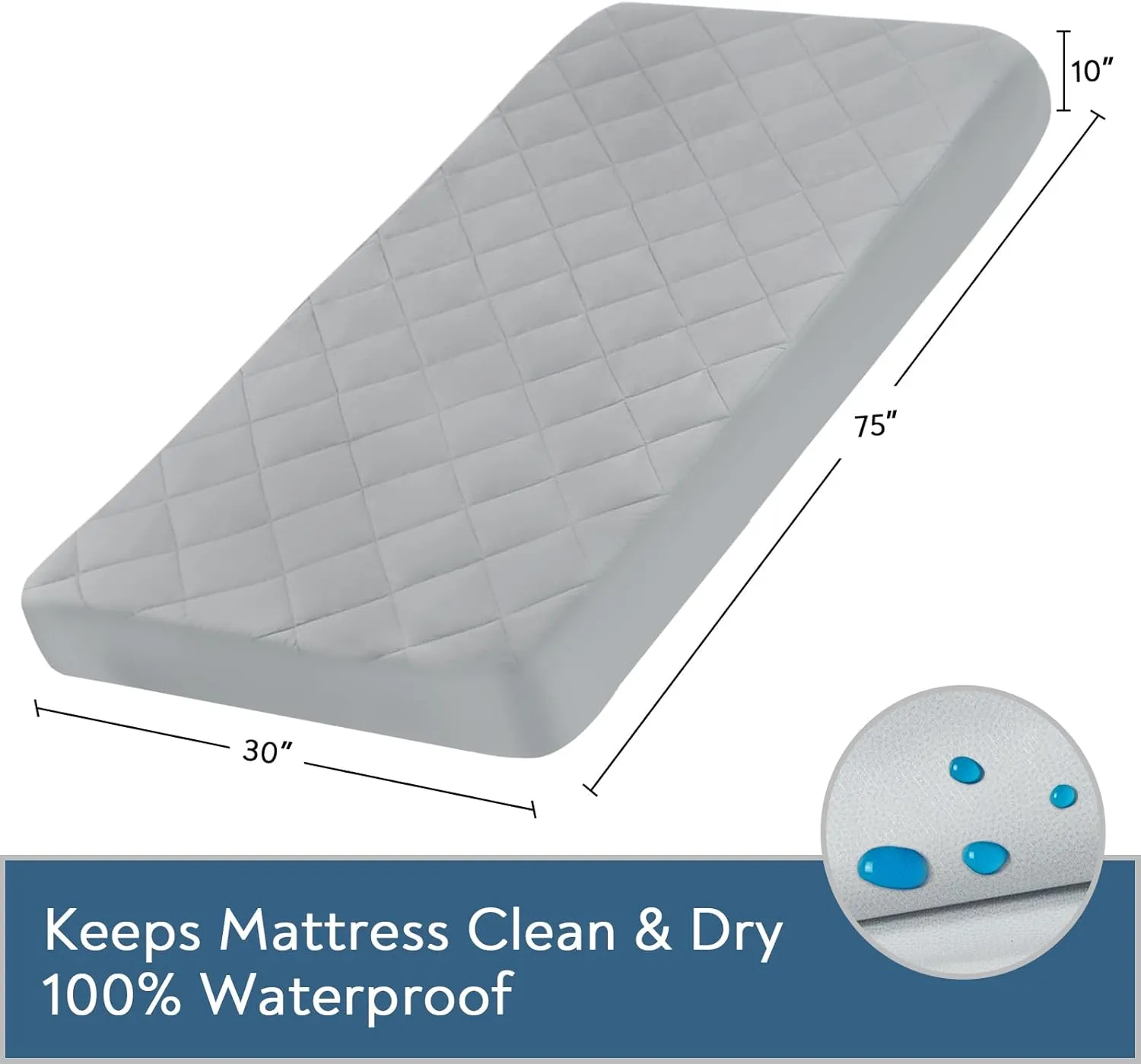 Cot Mattress Pad Waterproof Quilted, Fitted Cot Size Mattress Pads Protector Cover 30" X 75" for Narrow Twin Bunk Bed, Cot Mattress Topper for Camping Sleep, Grey (Cover Only)
