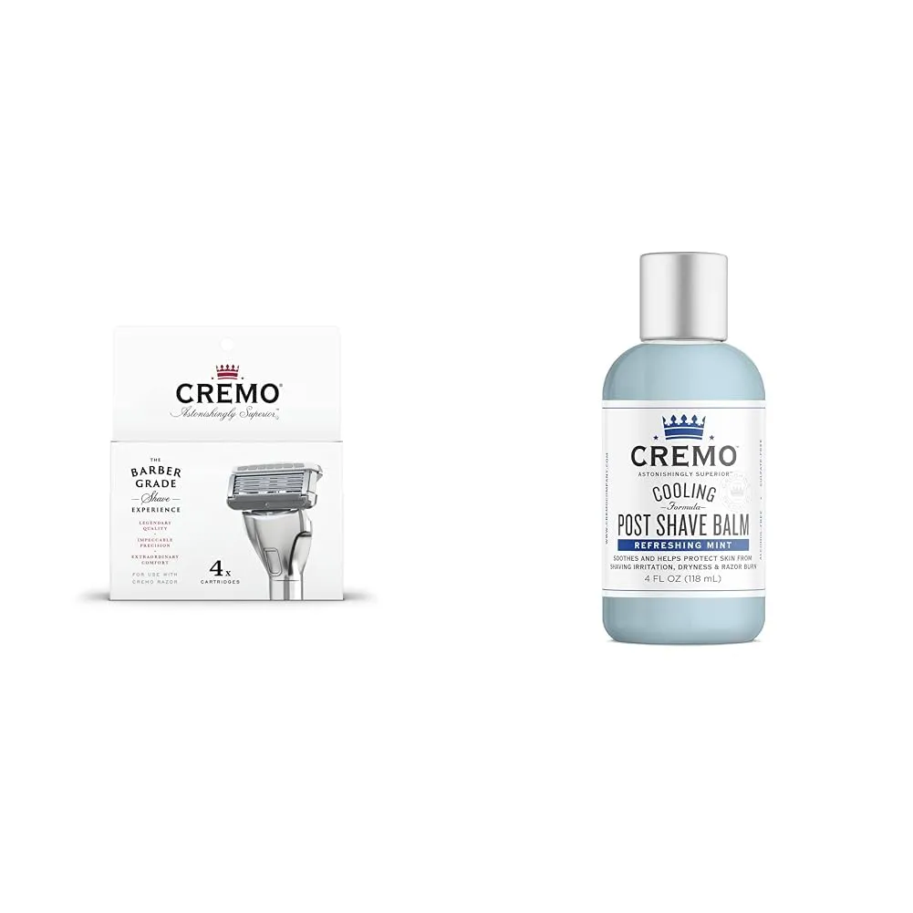 Cremo Astonishingly Superior Razor Refills, (4 Pack) & Cooling Formula Post Shave Balm, Soothes, Cools And Protects Skin From Shaving Irritation, Dryness and Razor Burn, 4 Oz