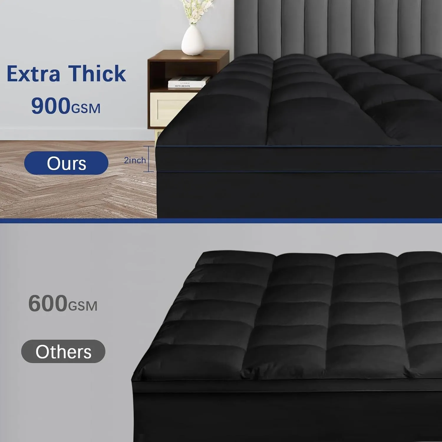 CYMULA Short Queen Mattress Topper, Cooling Bed Mattress Topper, Thick Mattress Pad Cover Pillow Top Mattress Topper, Black Plush Down Alternative Fill