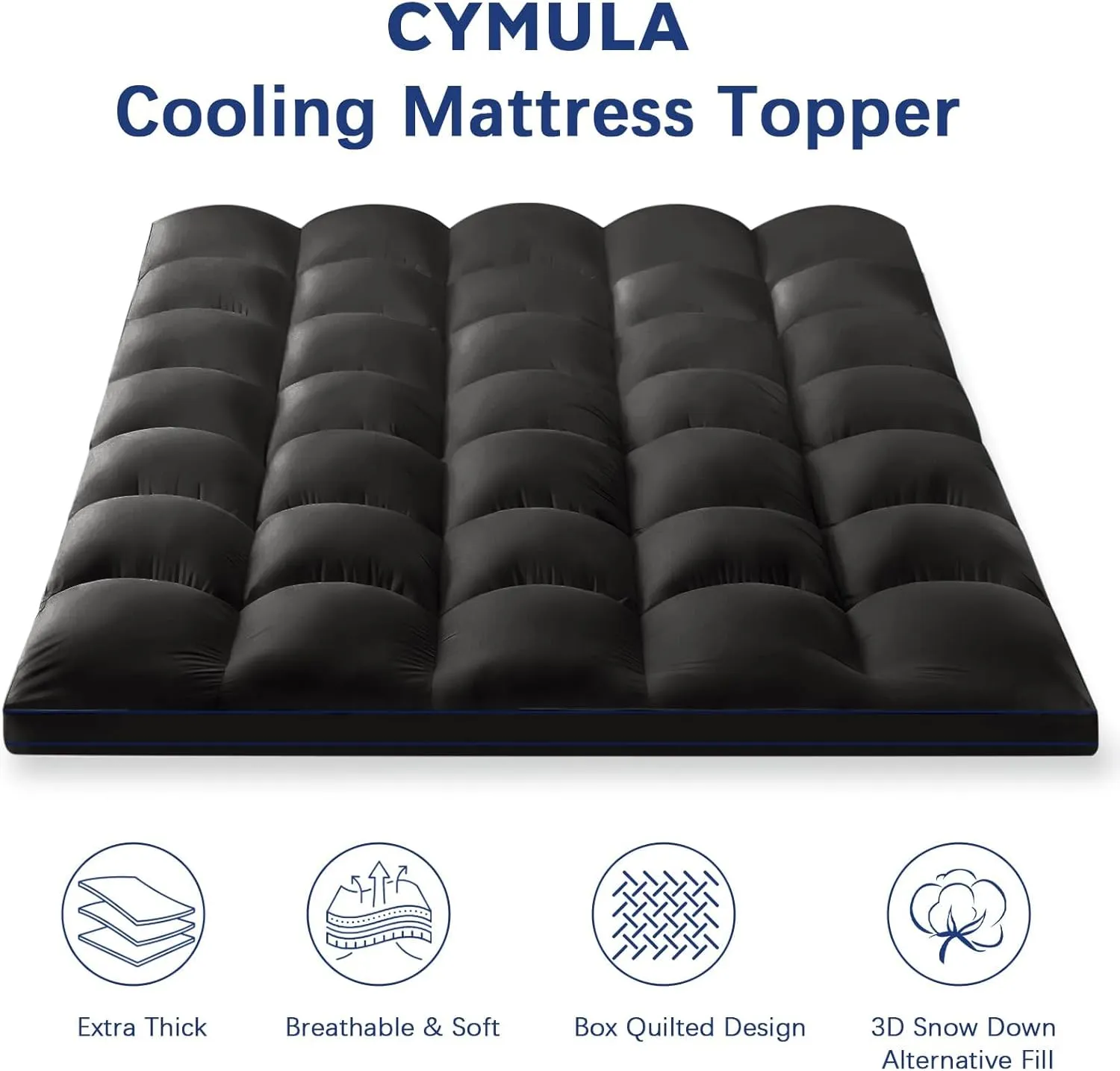 CYMULA Short Queen Mattress Topper, Cooling Bed Mattress Topper, Thick Mattress Pad Cover Pillow Top Mattress Topper, Black Plush Down Alternative Fill