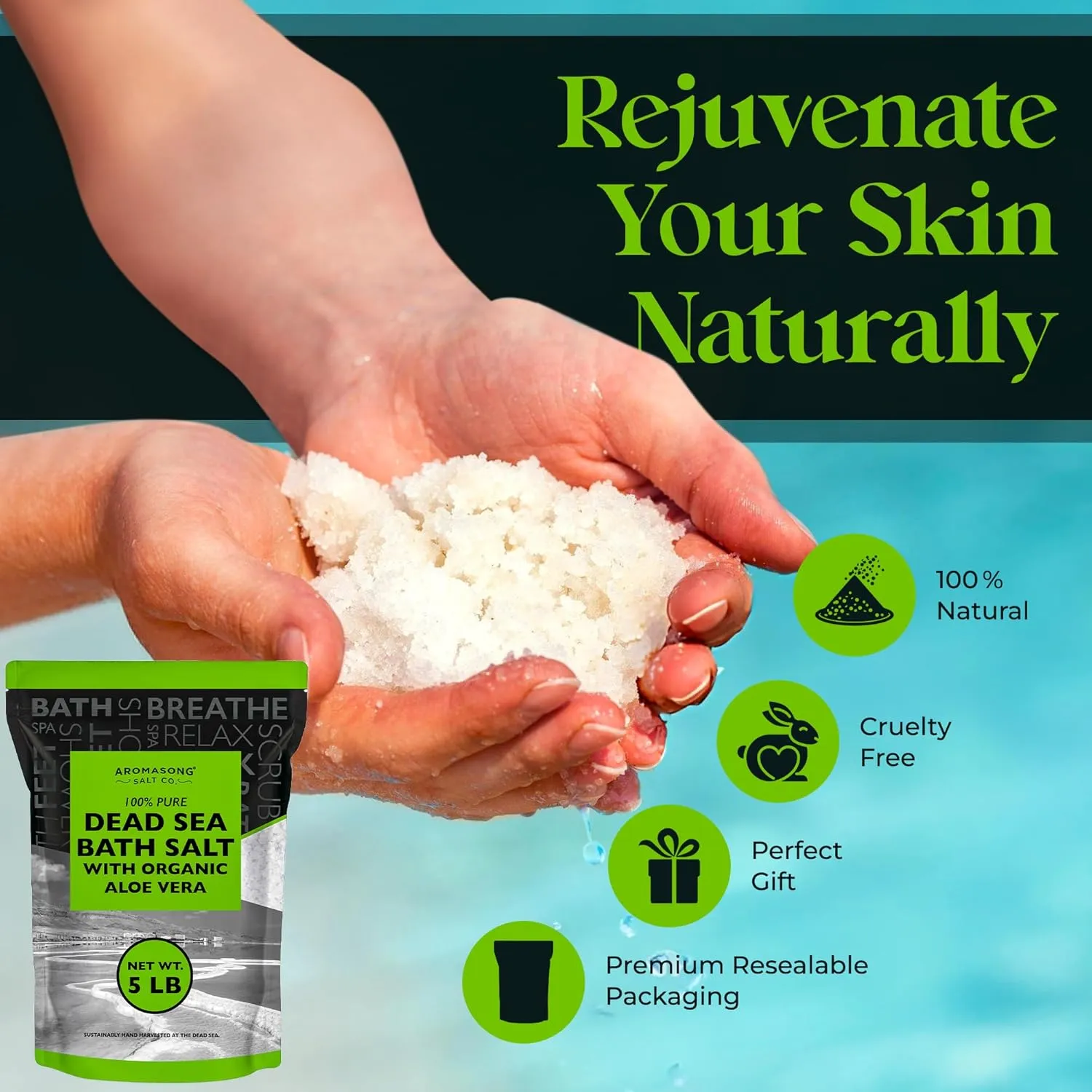 Dead Sea Salt with Organic Aloe Vera, Spa Bath Salts, 5 Lbs Fine Bulk resealable Pack, 100% Pure & Natural, Soak for Women & Men for Tired Muscles & Skin Issues (Packaging May Vary)