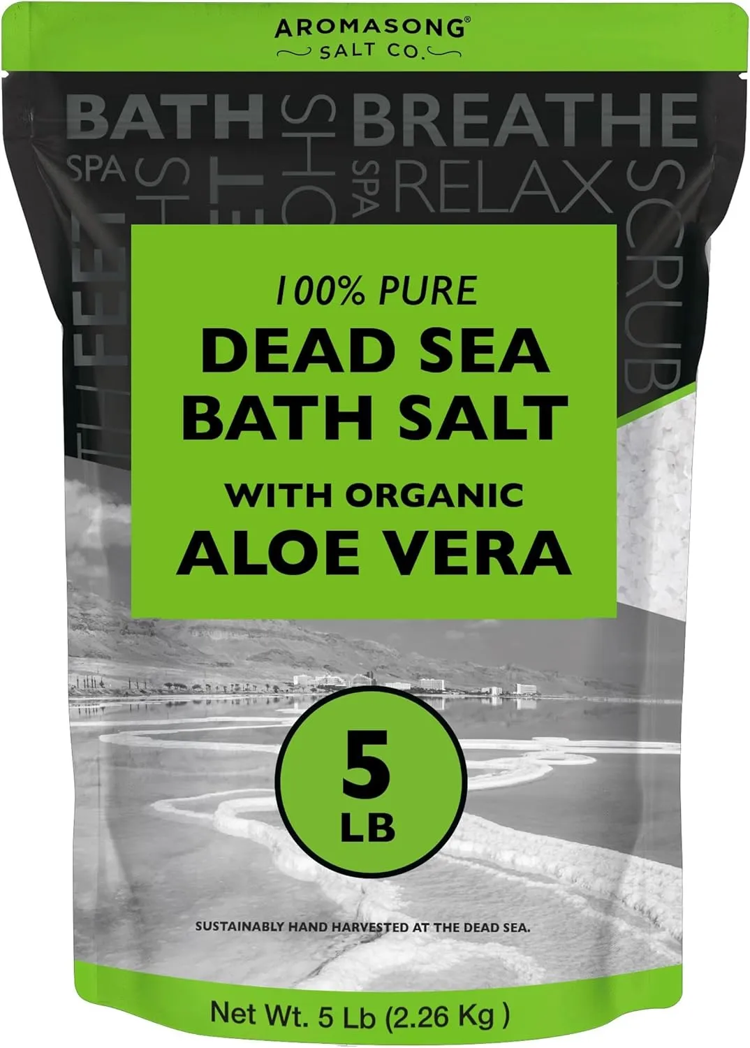Dead Sea Salt with Organic Aloe Vera, Spa Bath Salts, 5 Lbs Fine Bulk resealable Pack, 100% Pure & Natural, Soak for Women & Men for Tired Muscles & Skin Issues (Packaging May Vary)