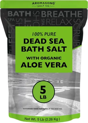 Dead Sea Salt with Organic Aloe Vera, Spa Bath Salts, 5 Lbs Fine Bulk resealable Pack, 100% Pure & Natural, Soak for Women & Men for Tired Muscles & Skin Issues (Packaging May Vary)