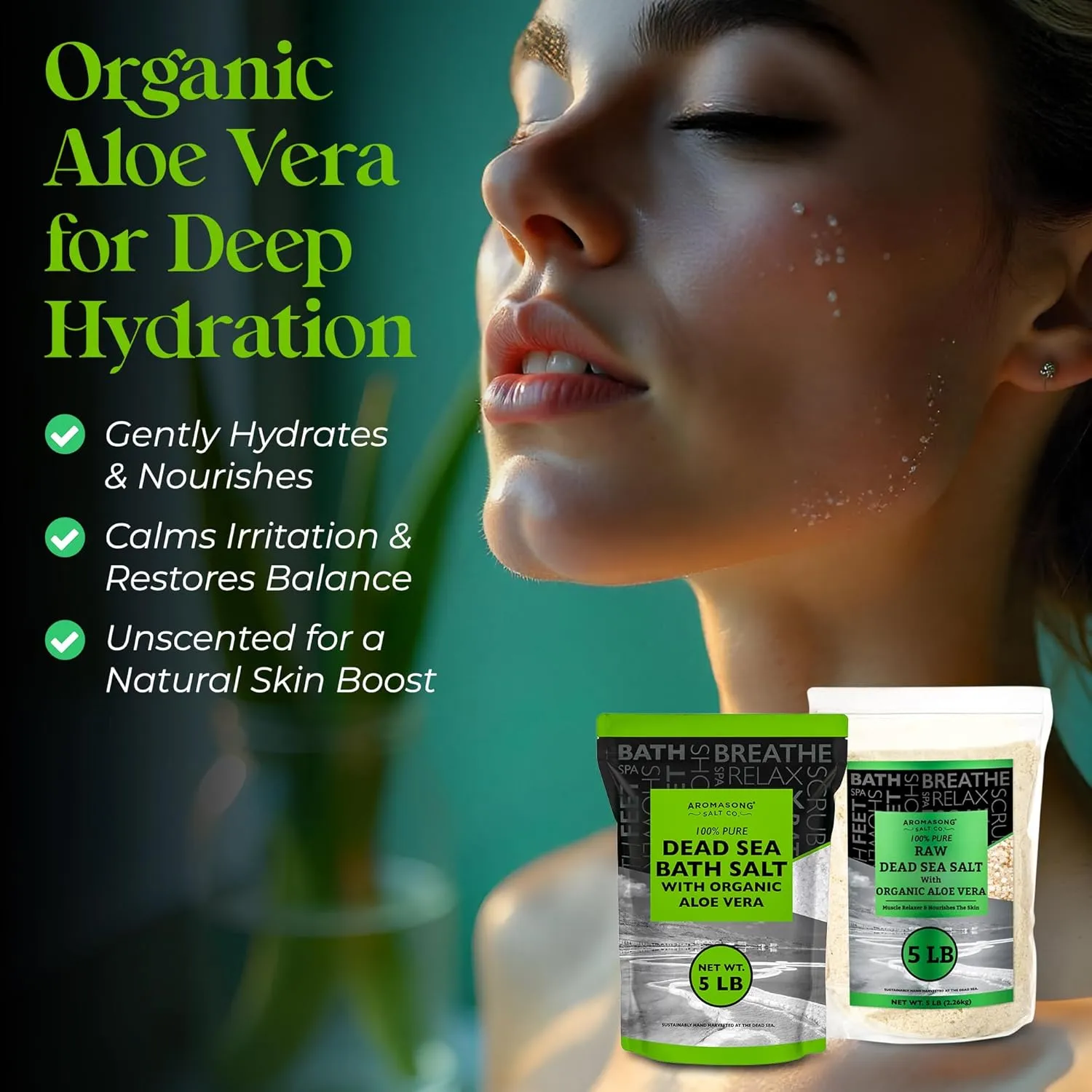 Dead Sea Salt with Organic Aloe Vera, Spa Bath Salts, 5 Lbs Fine Bulk resealable Pack, 100% Pure & Natural, Soak for Women & Men for Tired Muscles & Skin Issues (Packaging May Vary)