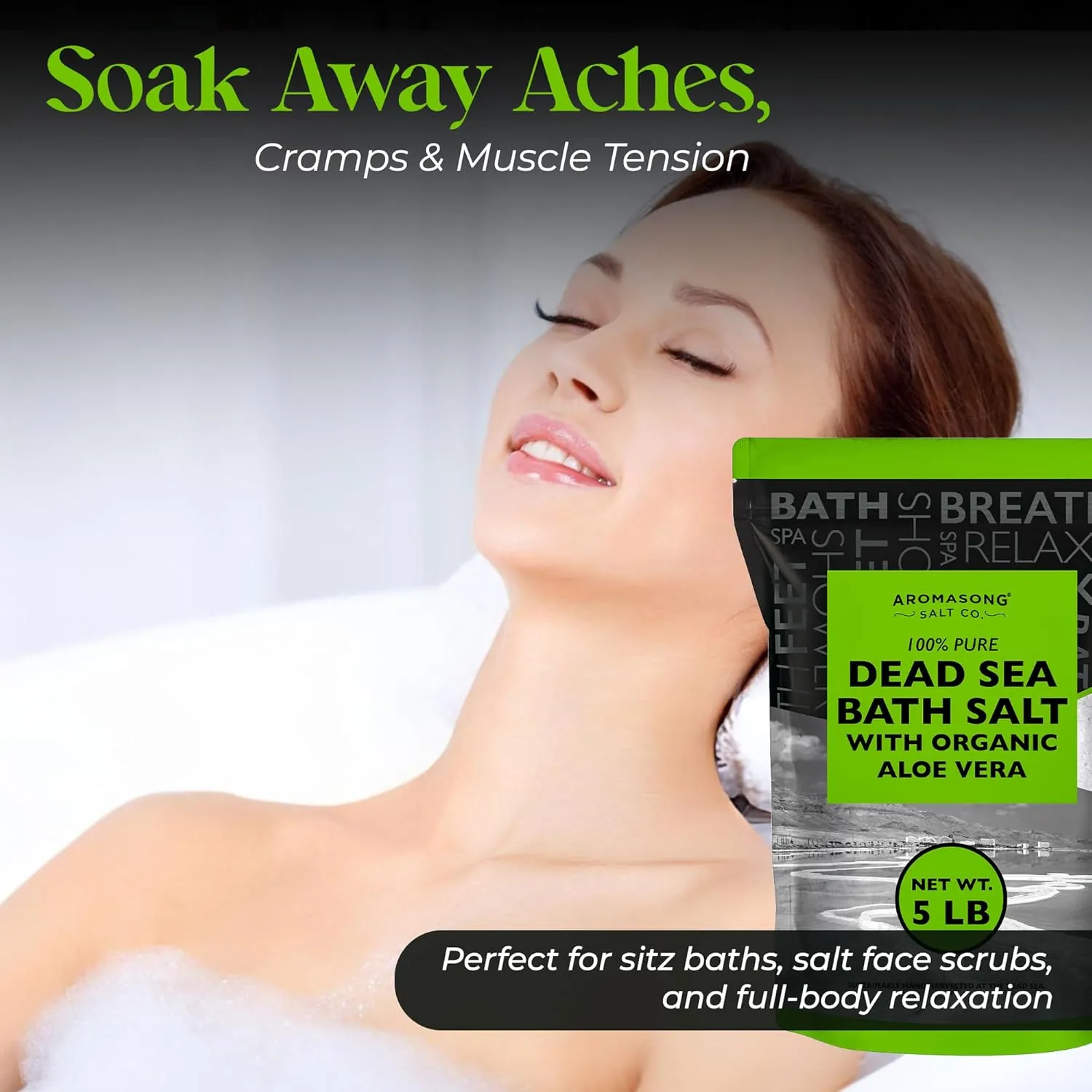 Dead Sea Salt with Organic Aloe Vera, Spa Bath Salts, 5 Lbs Fine Bulk resealable Pack, 100% Pure & Natural, Soak for Women & Men for Tired Muscles & Skin Issues (Packaging May Vary)