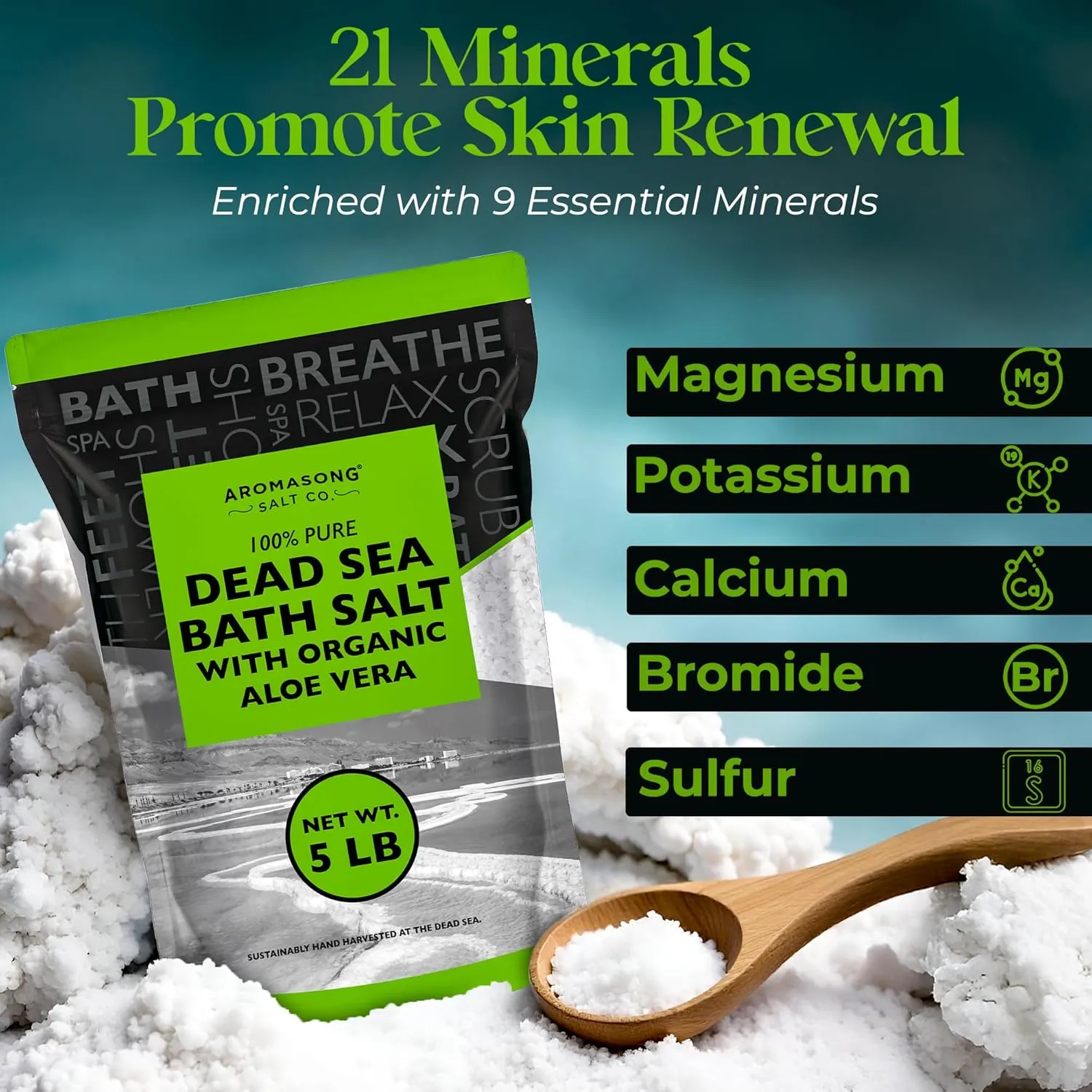 Dead Sea Salt with Organic Aloe Vera, Spa Bath Salts, 5 Lbs Fine Bulk resealable Pack, 100% Pure & Natural, Soak for Women & Men for Tired Muscles & Skin Issues (Packaging May Vary)
