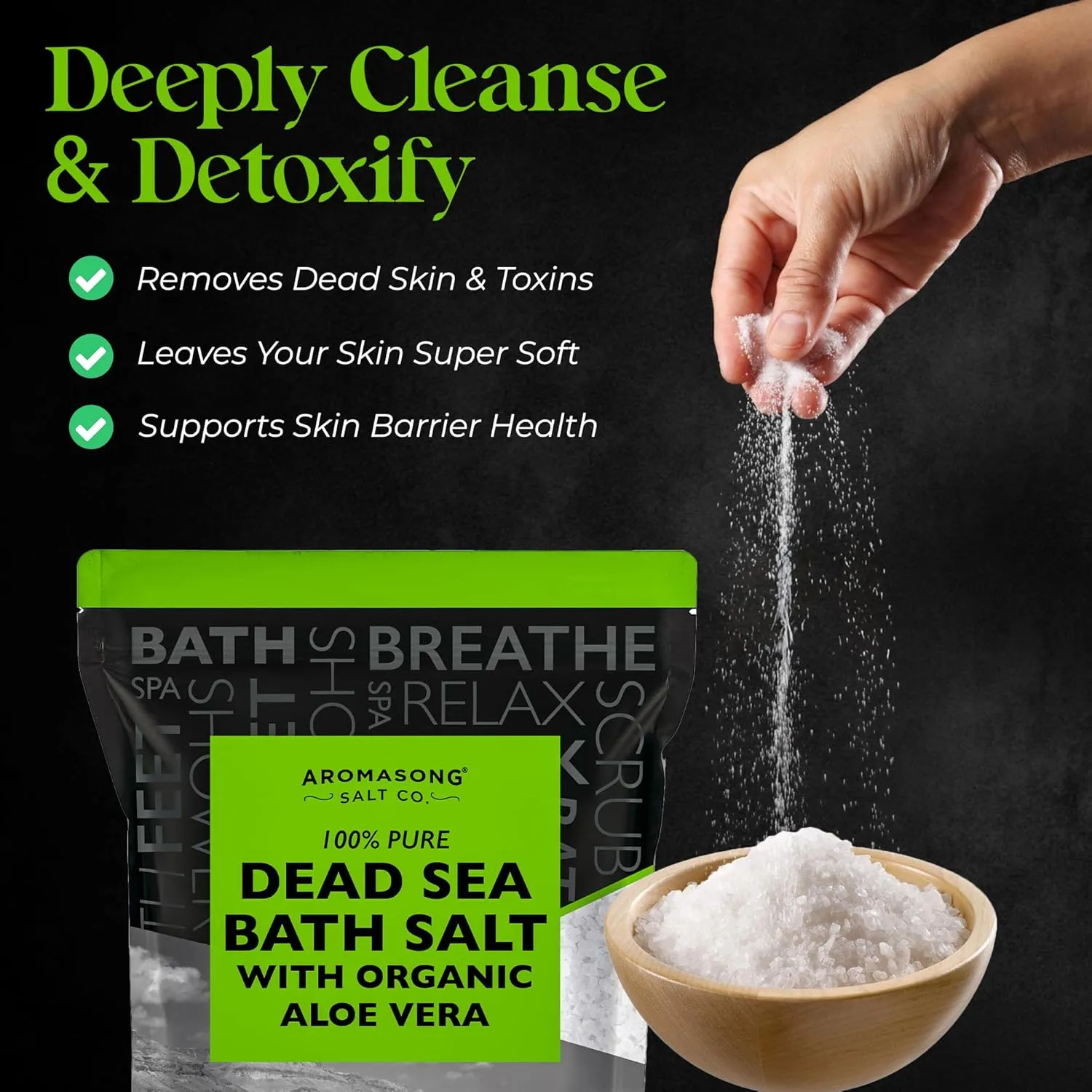 Dead Sea Salt with Organic Aloe Vera, Spa Bath Salts, 5 Lbs Fine Bulk resealable Pack, 100% Pure & Natural, Soak for Women & Men for Tired Muscles & Skin Issues (Packaging May Vary)
