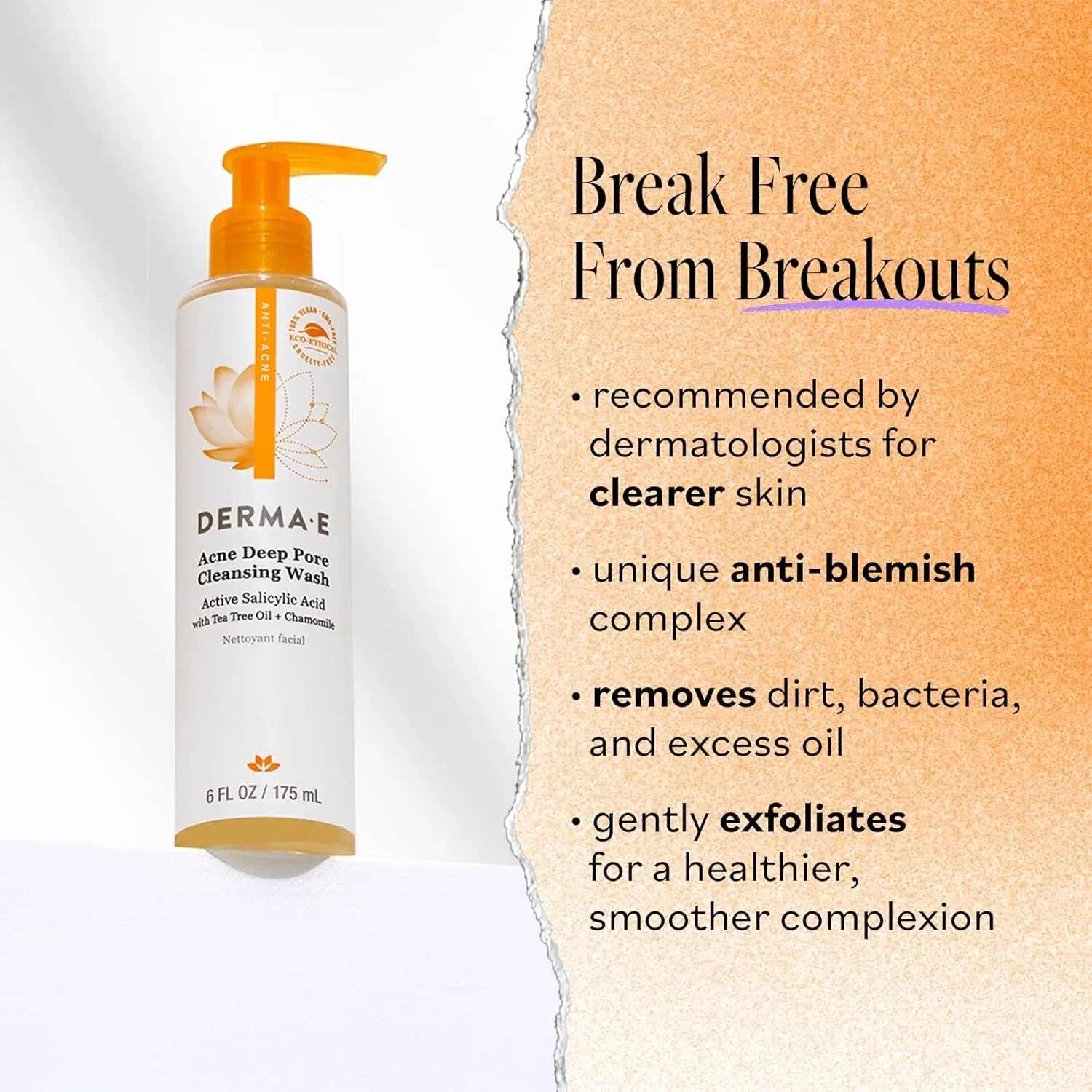 Derma E Acne Deep Pore Cleansing Wash – Blemish Control Facial Cleanser with Salicylic Acid - Gentle Oil Control Face Wash Soothes and Balances Skin, 6 fl oz