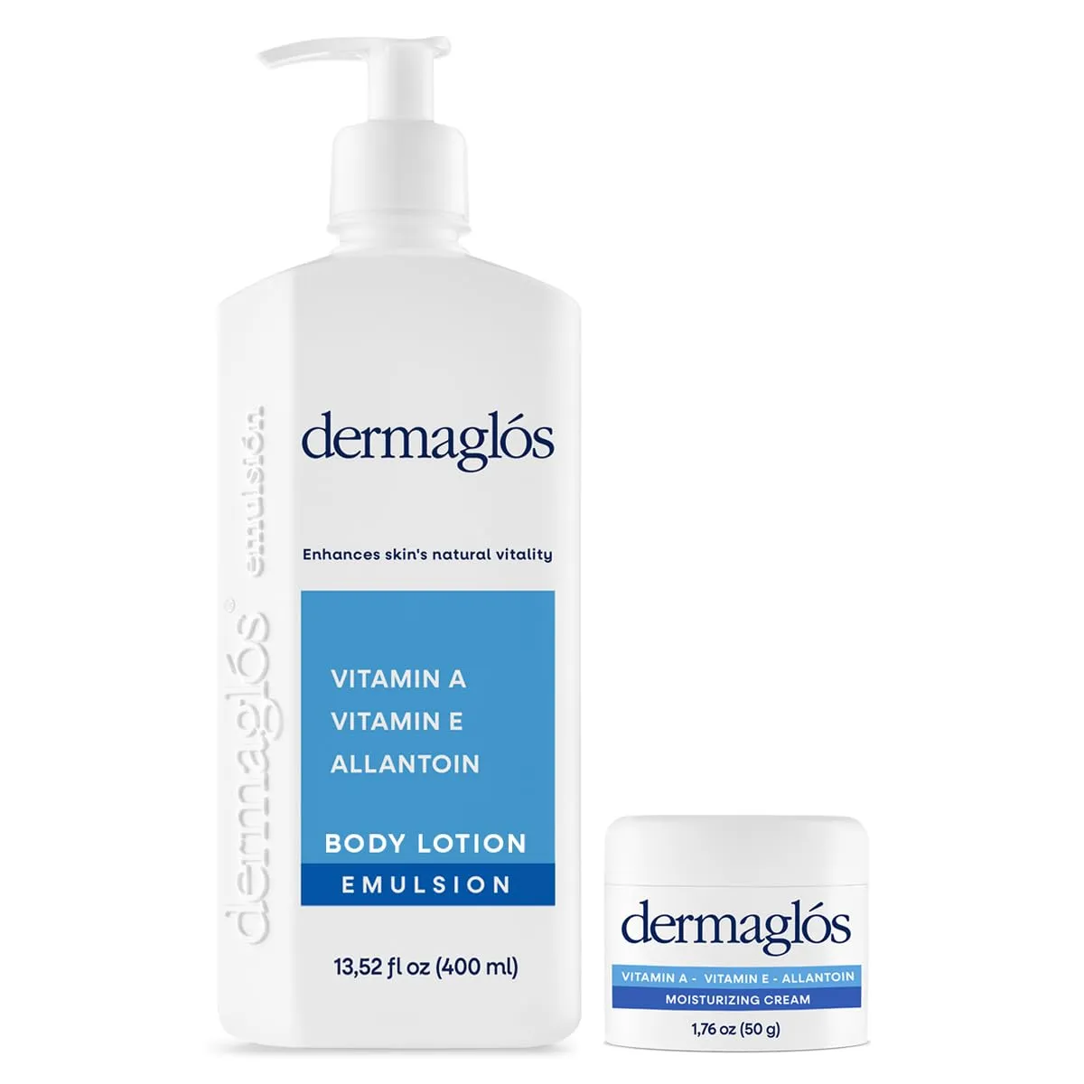 Dermaglos | Hydration And Regeneration pack, Cream Moisturizer 1.76 oz   Emulsion Advanced 13.52 Fl Oz, Vitamin A   Vitamin E   Allantoin, Enhances Skin´s Vitality Formula For all Skin Types