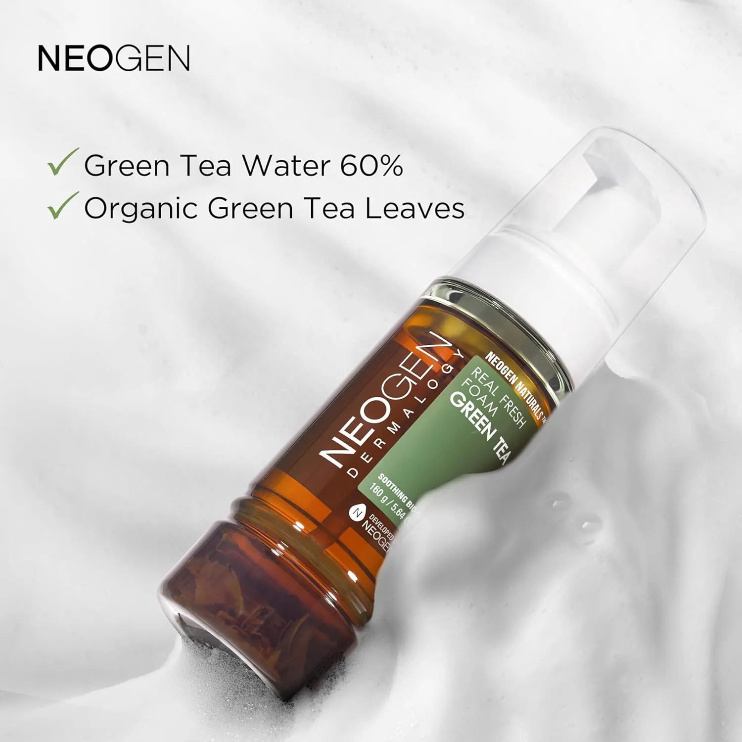 DERMALOGY by NEOGENLAB NEOGEN Real Fresh Foam Cleanser, Green Tea 5.6 Fl Oz (160g) - Soothing & Hydrating Gentle Cleansing Foam with Real Green Tea Extract, Clean Beauty - Korean Skin Care