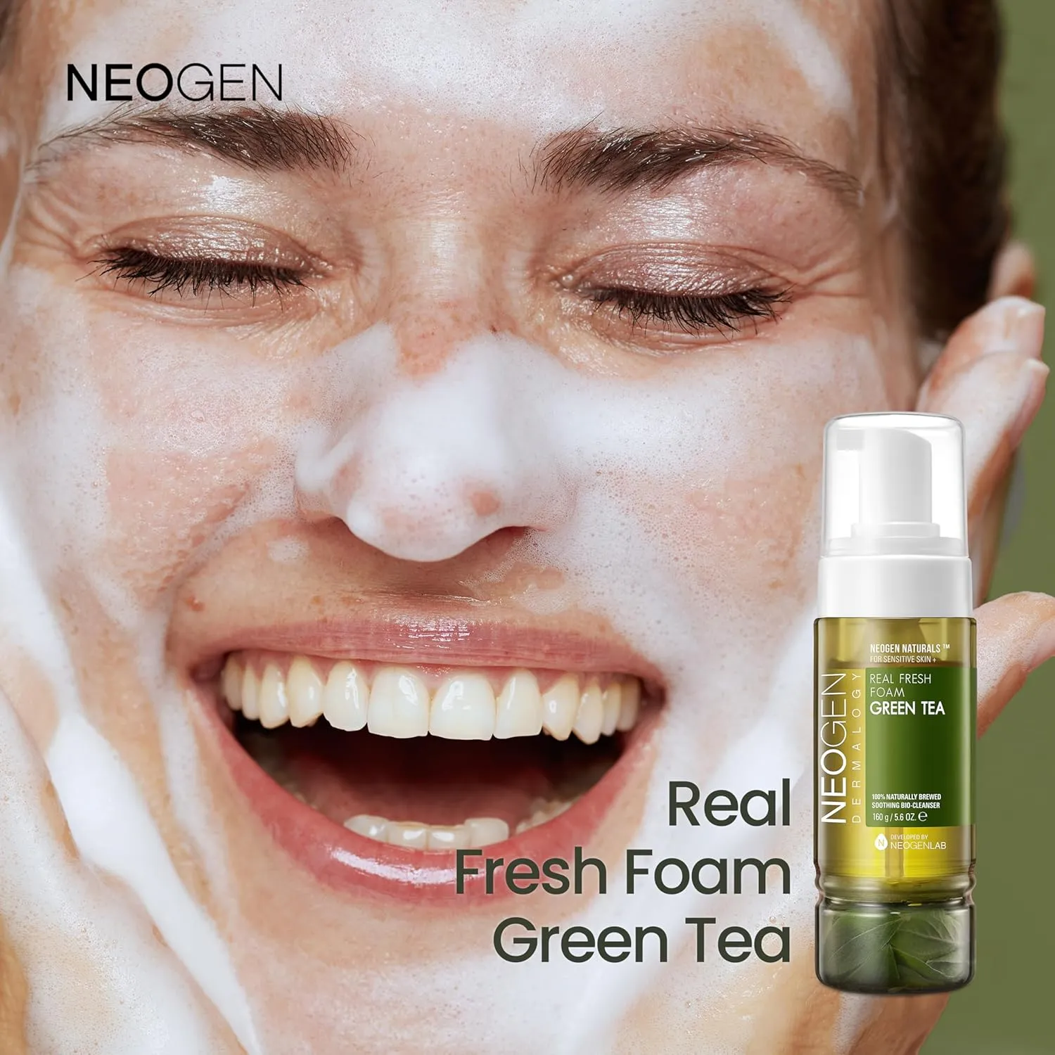 DERMALOGY by NEOGENLAB NEOGEN Real Fresh Foam Cleanser, Green Tea 5.6 Fl Oz (160g) - Soothing & Hydrating Gentle Cleansing Foam with Real Green Tea Extract, Clean Beauty - Korean Skin Care