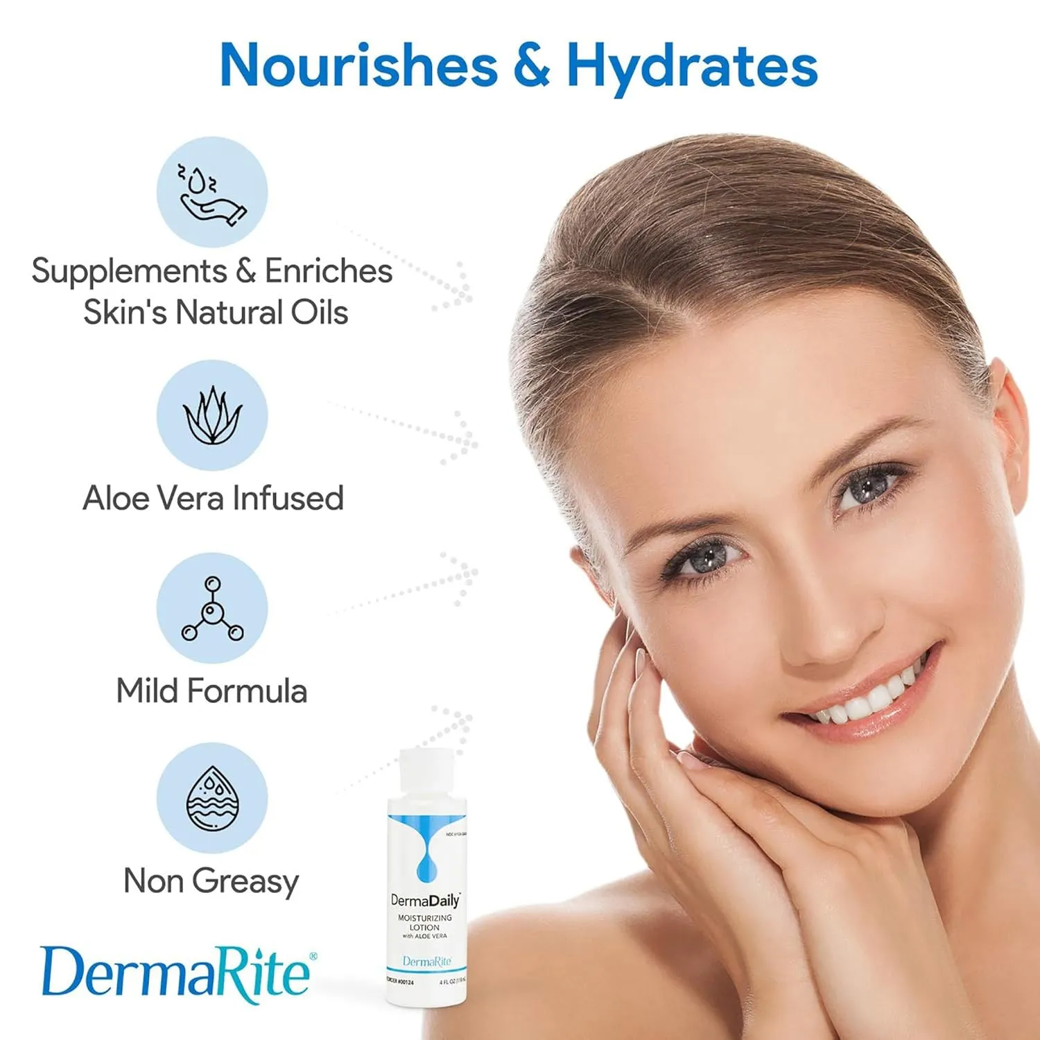 DermaRite's DermaDaily Moisturizing Lotion for Hand and Body - Daily Use Skin Moisturizer with Aloe Vera, Non-Greasy Formula - 7.5 oz. Bottle, 48 Count