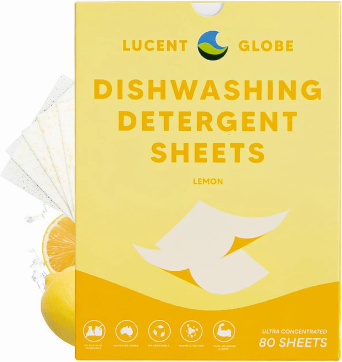 Dishwasher Dishwashing Detergent Sheets, Dish Soap & Dishwashing Tablets Alternative. Plant-Based, Eco-Friendly, Fully Biodegradable, Lemon Scent & Plastic Free Packaging (80 Sheets)
