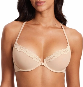DOBREVA Women's Mesh Front Closure Racerback Bra Lace Trim Unlined Underwire Sexy Plunge Sheer Bras Y Back