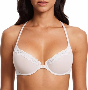 DOBREVA Women's Mesh Front Closure Racerback Bra Lace Trim Unlined Underwire Sexy Plunge Sheer Bras Y Back