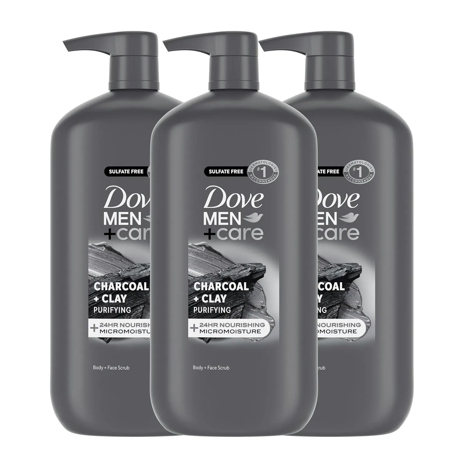 DOVE MEN   CARE Purifying Body & Face Wash 3 Count Charcoal Clay with 24-Hour Nourishing Micromoisture Technology 30 oz