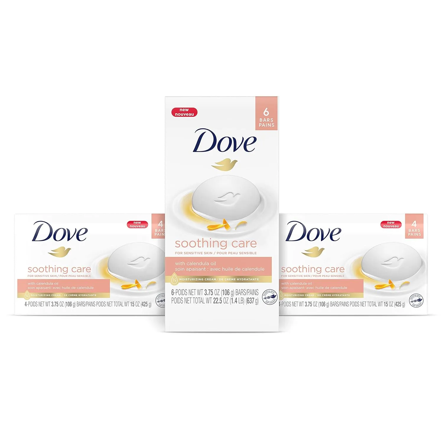 Dove Moisturizing Beauty Bar Soap For Sensitive Skin with Calendula Oil Effectively Washes Away Bacteria, Hydrating and Replenishing Skin Care 3.75 oz 14 Bars