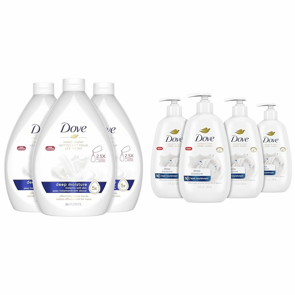 Dove Advanced Care Deep Moisture Hand Wash Pack of 3 for Soft, Smooth Skin More Moisturizers Than The Leading Ordinary Hand Soap, 34 oz and 4 Count 12 oz