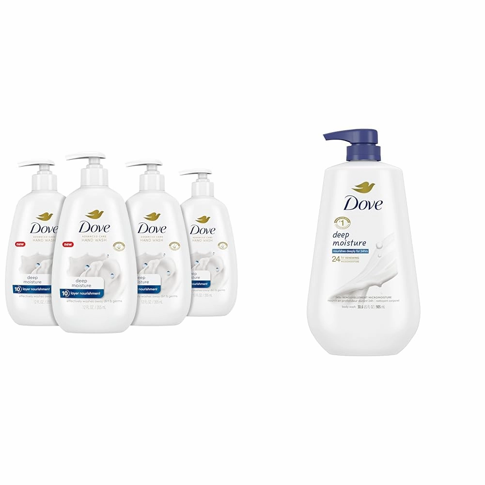 Dove Advanced Care Hand Wash Deep Moisture 4 Count for Soft, Smooth Skin, More Moisturizers & Body Wash with Pump Deep Moisture For Dry Skin Moisturizing Skin Cleanser