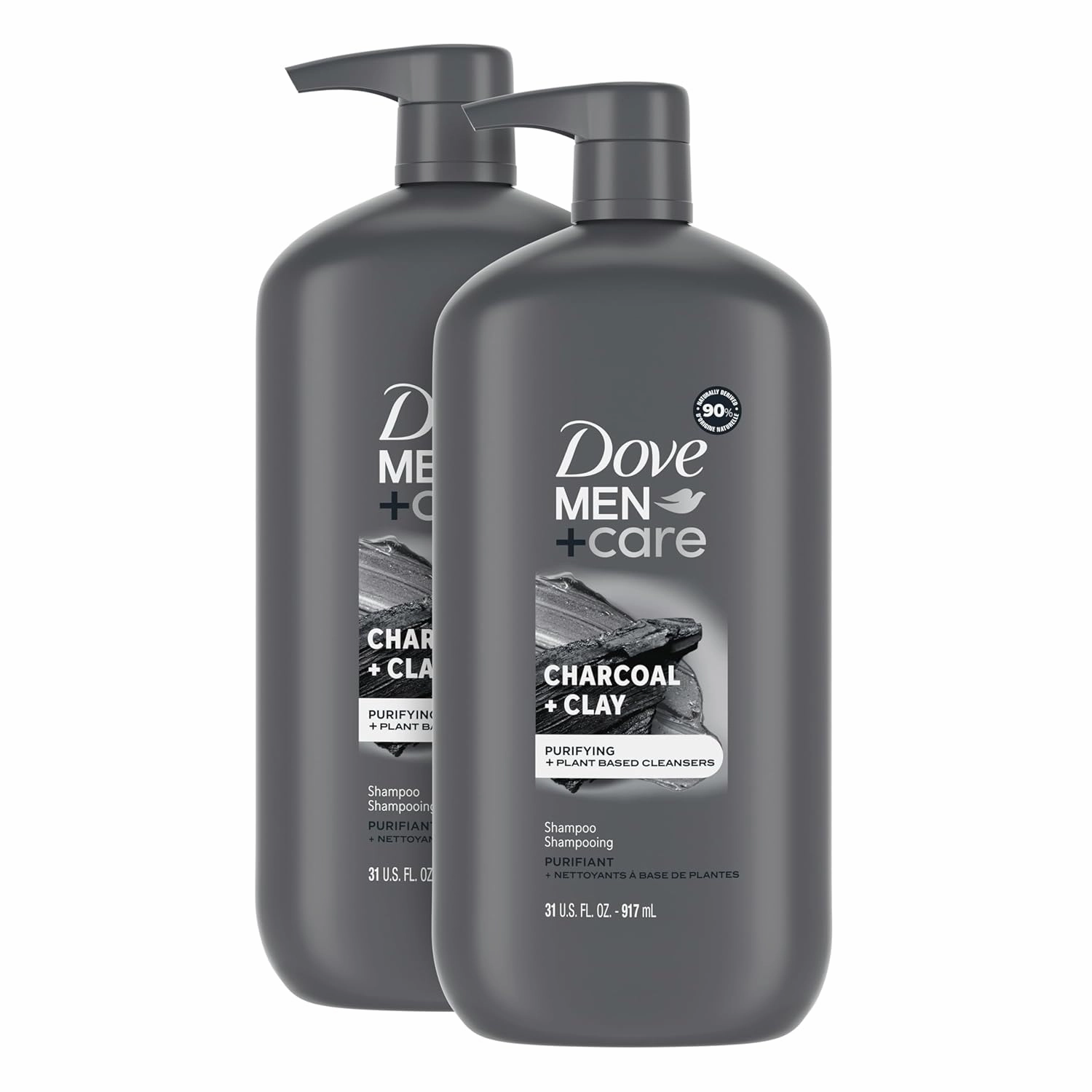 DOVE MEN   CARE Purifying Shampoo Charcoal   Clay 2 Pk for Stronger, More Resilient Hair, with Plant-Based Cleansers, 31 oz