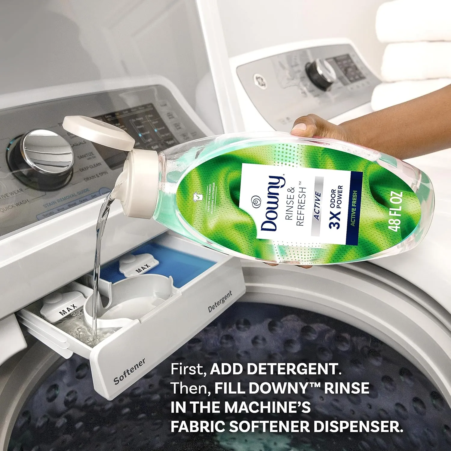 Downy RINSE & REFRESH Laundry Odor Remover and Fabric Softener for Activewear, Active Fresh Scent, 48 oz (Pack of 2)